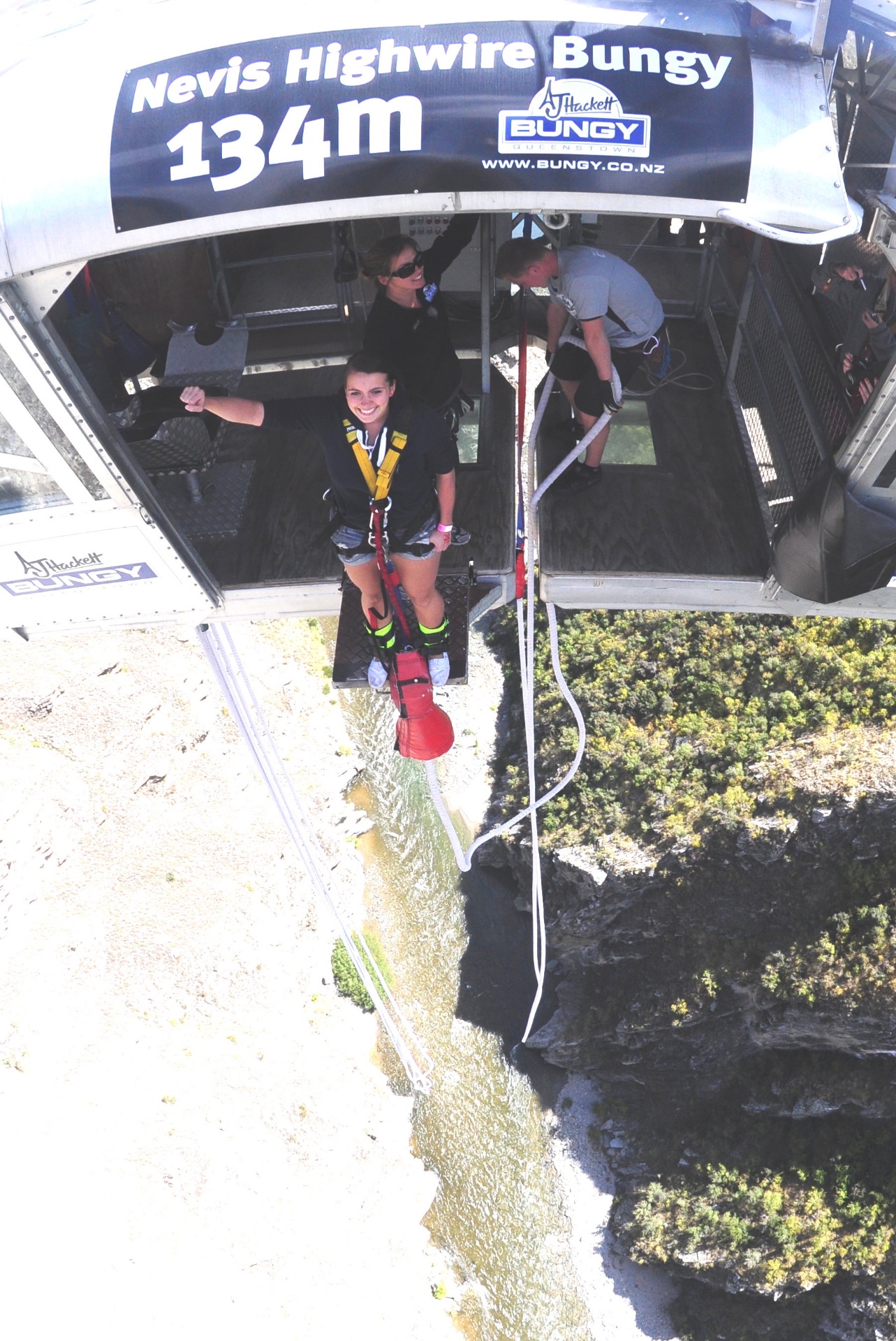 Rebecca about to leap from the 134m Nevis Highwire Bungy in Queenstown