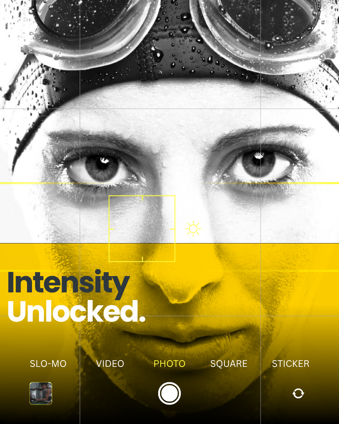 IRON FOX campaign graphic: a close-up of a swimmer wearing a black swim cap and goggles, with the words Intensity Unlocked over a yellow-to-black gradient